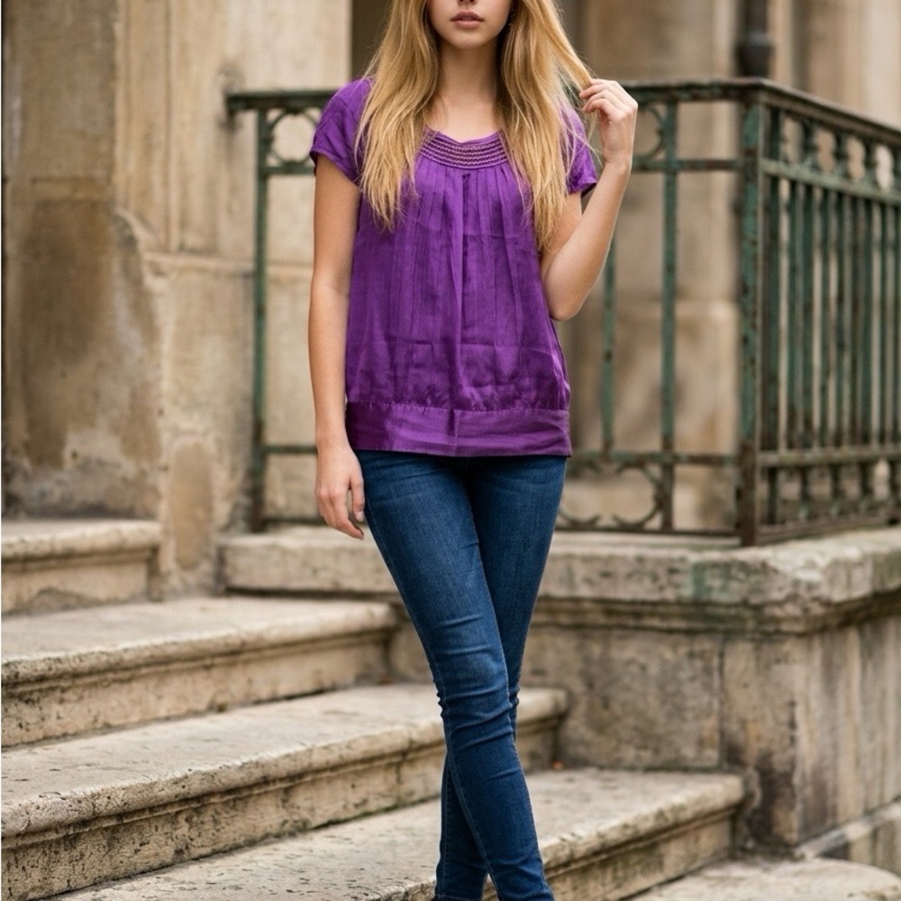 Catherine Malandrino Purple Short-Sleeve Pleated Blouse